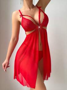 SHEIN 2pcs Set Romantic Lace Patchwork Sexy Nightgown Babydoll Underwear Outer For Going Out - Red - View 4