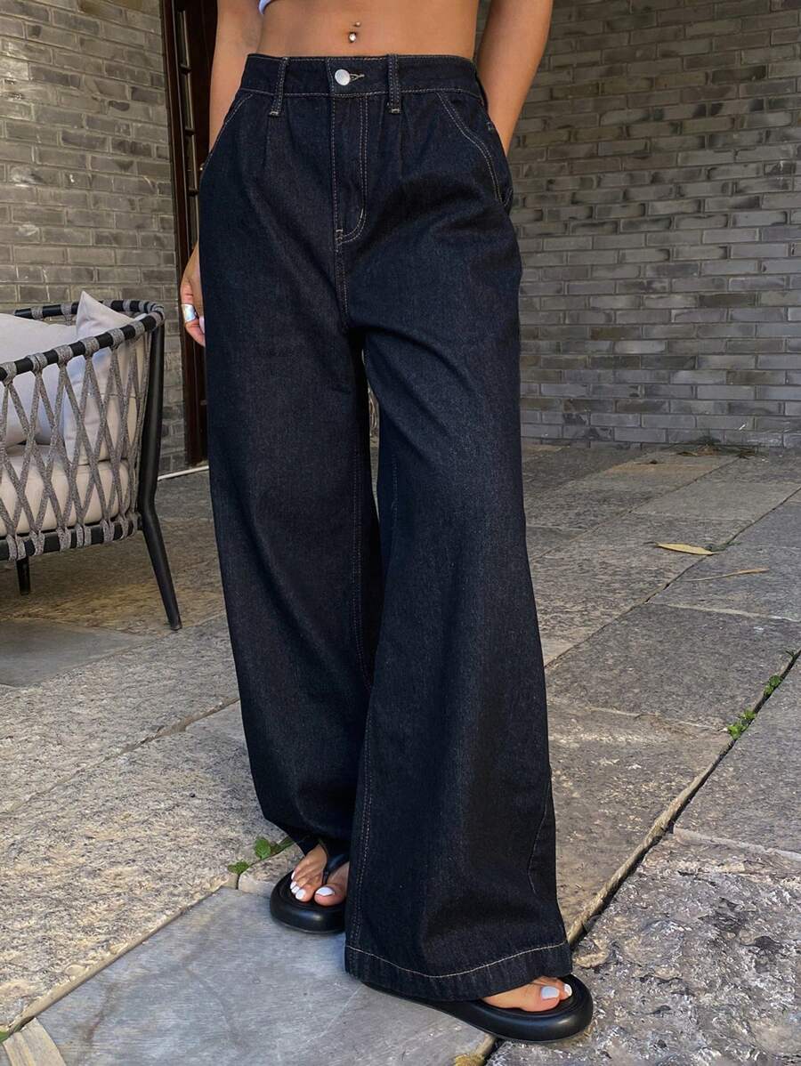 Livesso Women's Casual Pleated Pockets Straight Leg Jeans - Dark Wash - View 1