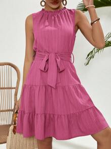 SHEIN VCAY 女士纯色荷叶边前系带短款无袖迷你连衣裙 - 玫瑰紅 - 查看 5