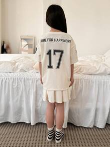 Dazy Kids Set de 2 piezas para niña preadolescente que incluye blusa de manga corta con cuello redondo y estampado de letras, y falda informal. Conjunto de ropa de verano para niñas, ideal para volver al colegio. - Albaricoque - Ver 5