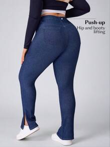 SHEIN Essnce Pantalones largos extra de mezclilla con estiramiento y abertura en el bajo, efecto estilizante, talla grande para mujer - Azul - Ver 2