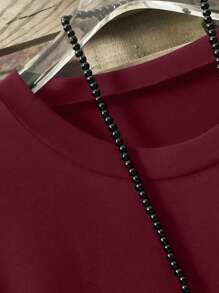 Plus Size Women's Solid Color Round Neck Short Sleeve Button Design Casual T-Shirt - Burgundy - View 4