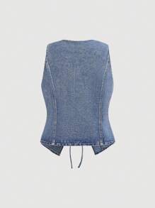SHEIN CURVE+ Áo khoác gile denim buộc dây phía trước dành cho nữ cỡ lớn - Màu xanh lam - Xem 2