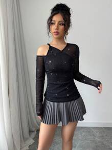 Elenzga 新款斜肩修身女式T恤，修身 - 黑色 - 查看 6