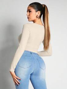 Zolique Sexy Square Neck Short Long Sleeve Women T-Shirt Fall Cloth For Women