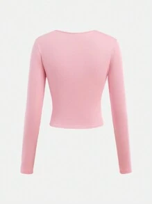 SHEIN Girlism Solid Color Ribbed Ruffle Collar Long Sleeve Tight Fit Tee Shirt For Teenage Girls, Versatile Street Wear - Pink - View 2