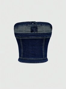ROMWE Grunge Punk Damen Denim Crop Top mit Totenkopf Stickerei, zerrissenes Design, für den Sommer - Blau - Übersicht 3