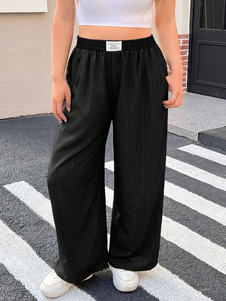 SHEIN EZwear Plus Size Black Straight Loose Fit Casual Long Pants, Minimalist & Stylish For Daily Wear