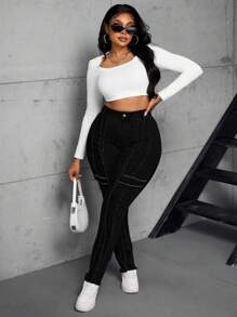 SHEIN SXY Plus Size High Waisted Stretchy Denim Skinny Jeans With Raw Hem Panels