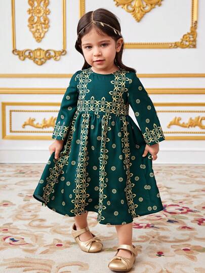 SHEIN Baby Girl Elegant Floral Jacquard Flare Sleeve Casual Dress