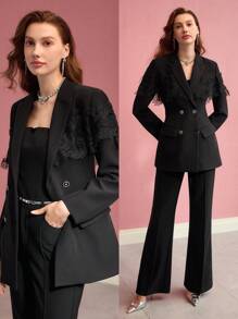 MOTF PREMIUM CONTRAST LACE DOUBLE BREASTED BLAZER - Black - View 8