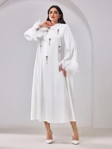 Al Najma 女式立领长袖人造毛皮拼接阿拉伯长裙，简约、端庄 - 白色 - 查看 4