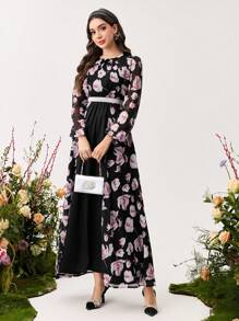 Modelyn 女士纯色拼布圆领长袖休闲连衣裙 - 黑色 - 查看 7