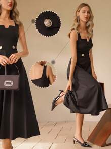 SHEIN Clasi Robe femme col carré taille haute forme A - Noir - Voir 3