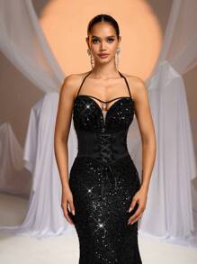 Glamrae 优雅黑色华丽亮片露背性感 V 领水钻吊坠鱼尾连衣裙，适合度假婚礼活动约会狂欢派对晚宴礼服、婚礼宾客礼服、正式礼服、晚礼服 - 黑色 - 查看 2