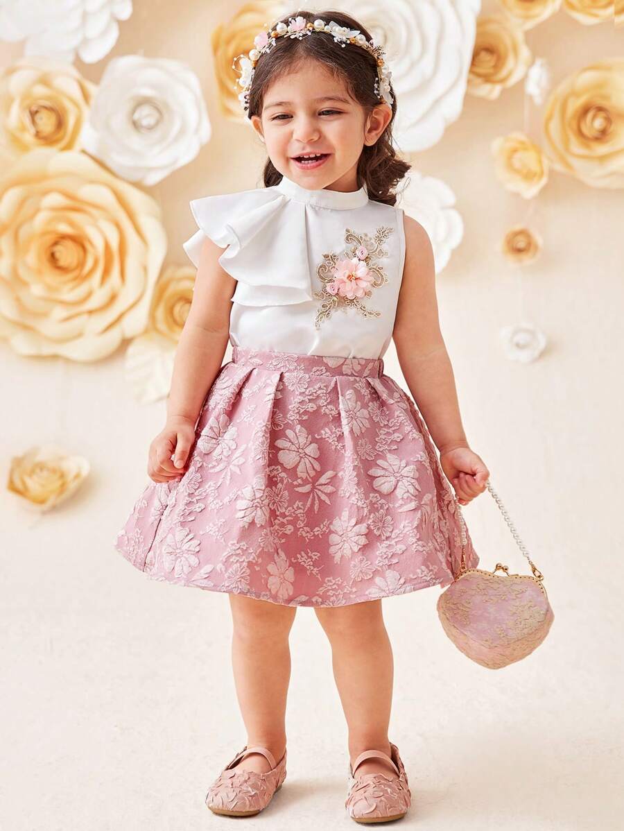 SHEIN 2 件装女婴休闲立领不对称荷叶边下摆无袖上衣和提花裙子套装 - 粉色 - 查看 1