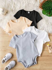 SHEIN 4pcs Baby Boy/Girl Knitted Soft Crew Neck Short Sleeve Bodysuit Sets