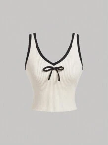 SHEIN MOD Plus Size Contrast Color V-Neck Front Bow Decor Fitted Knit Top, Casual Knit Sweater For Teens - Apricot - View 1