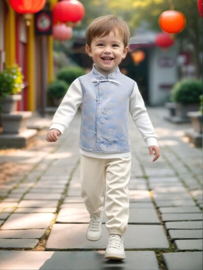 SHEIN 2 件装年轻男孩花卉图案缎面纽扣门襟纯色编织胡萝卜裤套装，舒适适合日常休闲、户外活动、旅行、校服，适合春夏季、农历新年