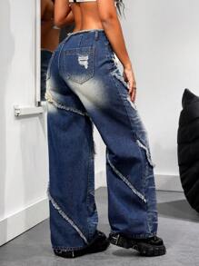 SHEIN ICON 女式宽松破洞口袋磨边下摆休闲牛仔裤 - 藍色 - 查看 5