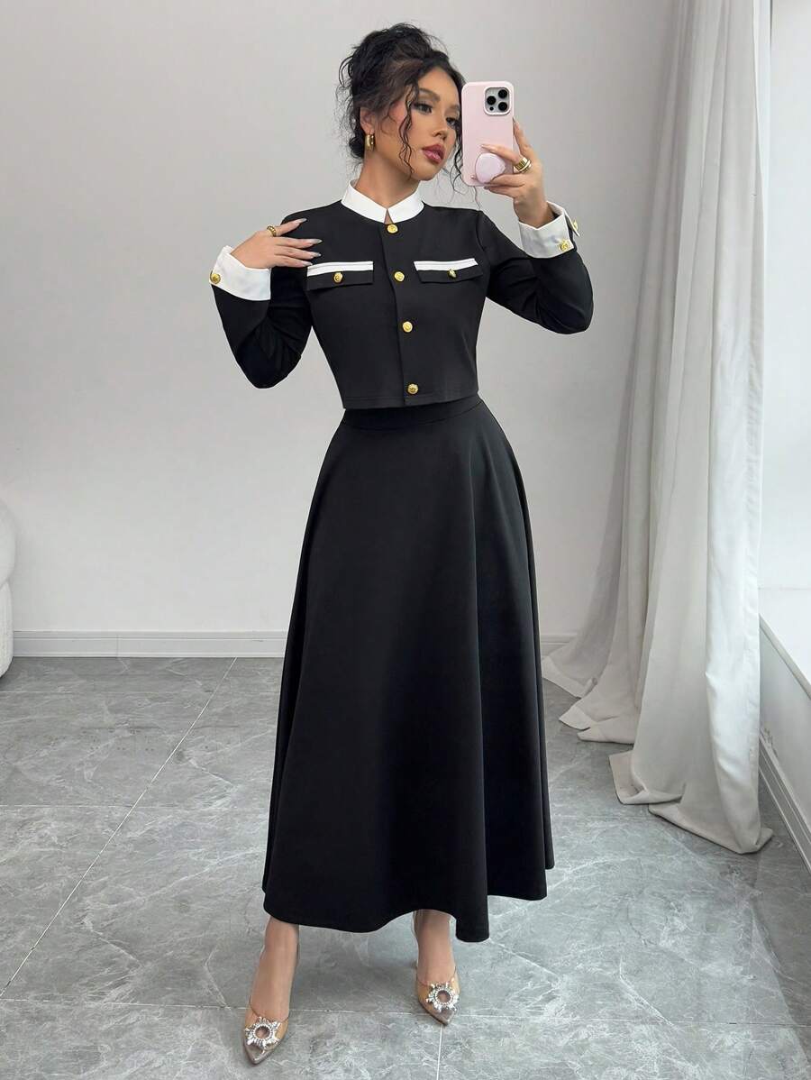 Elenzga 2 pièces Ensemble veste à col montant bicolore et mini-jupe pour femmes - Noir - Voir 1