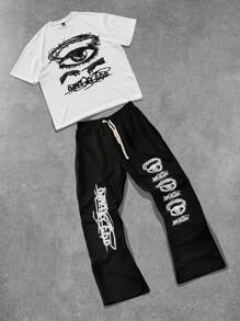 Manfinity EMRG Set de 2 piezas con camiseta de cuello redondo de manga corta con estampado de letra y ojo, y pantalón casual con cordón en la cintura para hombre