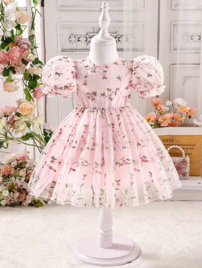 SHEIN Glamorique Kids Baby/småbarnsflicka Elegant blommig broderi Puffärm Rosa Princess Tyll Festklänning, Helgdag Födelsedag Bröllop, Vår/Sommar Nyankomst