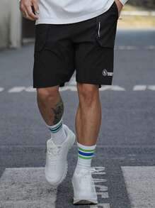 DAZY Men's Letter Print Athletic Shorts With Lining - Black - View 4