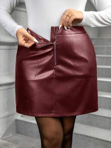 SHEIN Clasi Plus Size Elastic PU Leather Front Half Zip Closure Pockets Mini Skirt - Burgundy - View 1