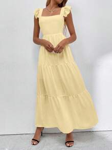 Breezaya Women's Solid Color Square Neck Pleated Simple Casual Long Dress - Mustard Yellow - View 3