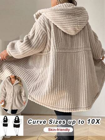SHEIN CURVE+ Plus Size Women's Front-Button Hooded Teddy Bear Jacket Autumn And Winter Coat Christmas Fall