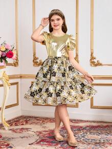 Set de 2 piezas de camiseta con mangas de cuerno dorado y falda con estampado barroco dorado para niñas preadolescentes, para primavera/verano - Dorado - Ver 4