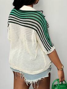 SHEIN CURVE+ Plus Size Women's Casual Green & White Knit Short Sleeve Shirt, Knitted Blouse Top, Suitable For Valentine's Day Winter Fall Autumn - Multicolor - View 2