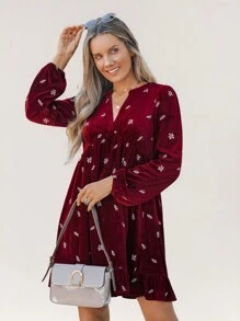 SHEIN LUNE 女士红色天鹅绒刺绣迷你连衣裙