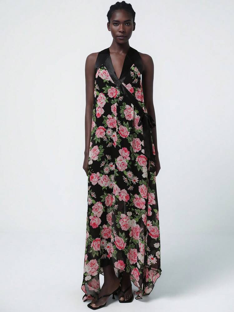 Femmeiva Elegant Multi-Color Chiffon Floral Print With Contrast Satin Ribbon Belted Slip Dress, Slimming Side Tie Women Spring Floral Dress