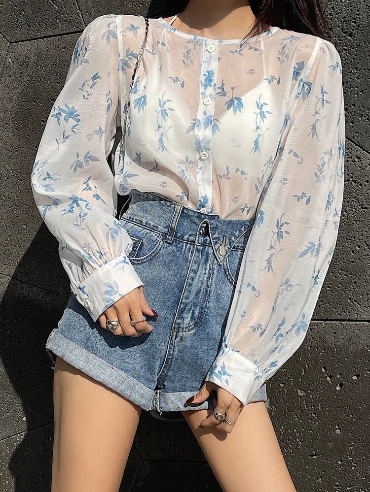 Women's Floral Print Loose Siamese Style Shirt,Fall Women Clothes Long Sleeve Top Boho