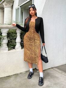 SHEIN EZwear 大码女式夏季至初秋时尚休闲性感风格豹纹图案无袖荷叶边装饰侧开衩中长连衣裙，适合派对和海滩度假 - 鏽棕色 - 查看 6