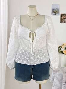 Sunnyshic Plus Size Women Jacquard Tie-Up V-Neck Casual Romantic Long Sleeve Shirt