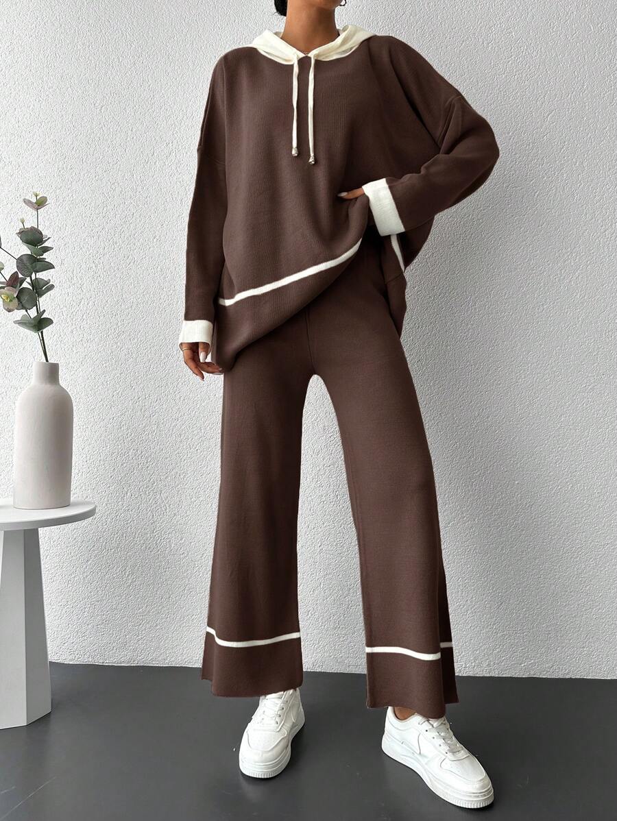 EURMUSE 2pcs Women Solid Color Patchwork Long Sleeve Hoodie Sweatshirt And Pants Set, Minimalist Style - Brown - View 1