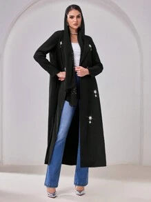Al Najma Women's  Rhinestone Decorated Long Sleeve Cardigan, Minimalist Casual Arabic Style Abaya