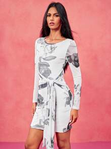 Oxana Váy ngắn tay dài dệt kim họa tiết hoa đen trắng cho nữ, ngày lễ tình nhân, mùa xuân và mùa hè, đám cưới, lễ hội, trang phục hòa nhạc, váy dạ hội - Nhiều màu - Xem 3