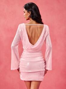 Daniela Ricciardelli 设计师粉色 V 领露背迷你性感亮片派对长袖连衣裙生日服装、节日、粉彩、舞会礼服 - 淺粉色 - 查看 2