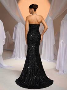 Glamrae 优雅黑色华丽亮片露背性感 V 领水钻吊坠鱼尾连衣裙，适合度假婚礼活动约会狂欢派对晚宴礼服、婚礼宾客礼服、正式礼服、晚礼服 - 黑色 - 查看 3