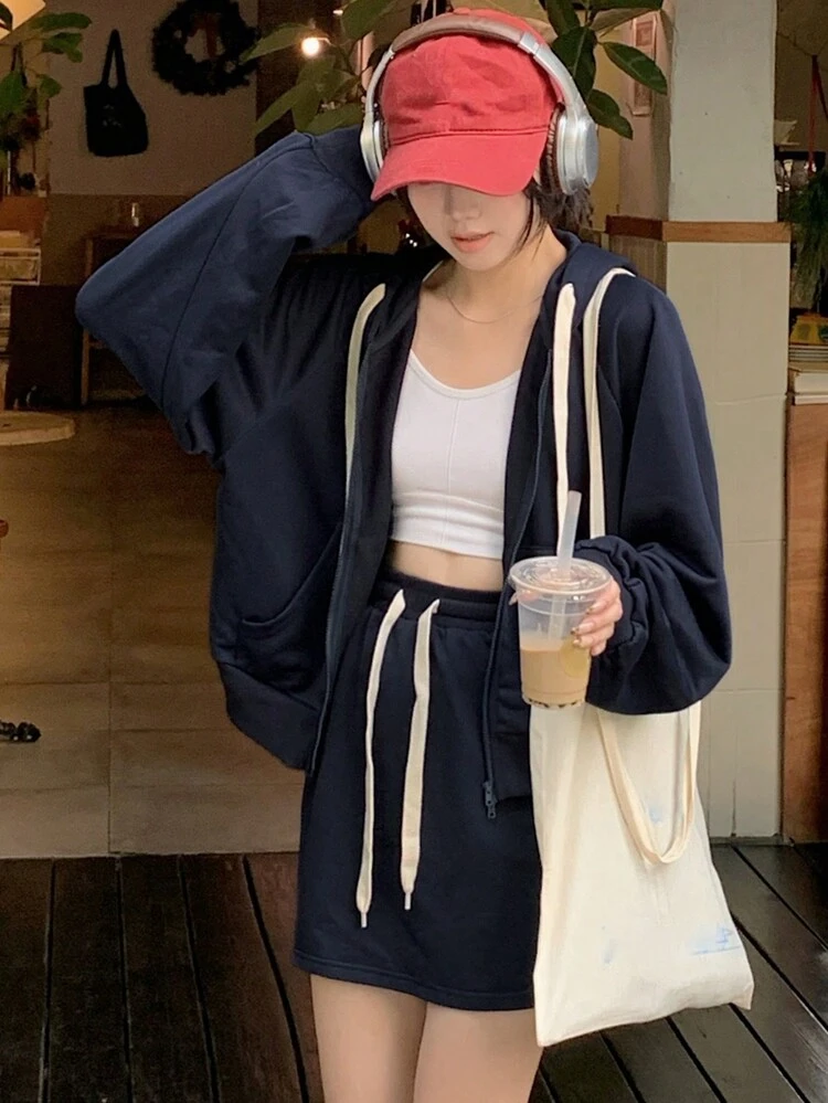 2pcs/Set Women Casual Hooded Long Sleeve Top And A-Line Skirt Set Lounge Sets For Women