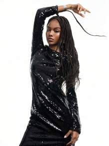 LYSMO Fashionable Shiny Sequin Dress - Black - View 8