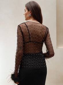 Anewsta Top blanc moelleux en maille ajourée et strass pour femmes