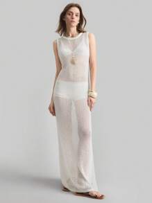 Ontre Robe longue sans manches transparente de couleur unie 2025 pour femmes, style minimaliste décontracté, tenue de villégiature, robe en tricot ajourée, convient pour les vacances dans les îles