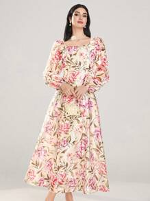Modelyn Women's Floral Print Square Neck Lantern Sleeve Long Dress, Elegant - Multicolor - View 3