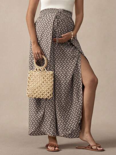 SHEIN 孕妇装正面系带全身印花开衩下摆休闲半身裙