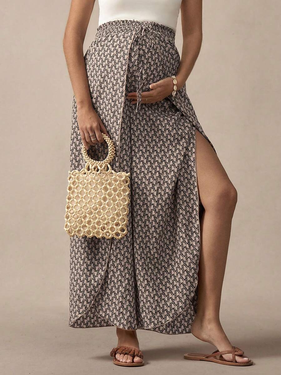 SHEIN Maternity Front Tie Allover Print Split Hem Casual Skirt - Multicolor - View 1